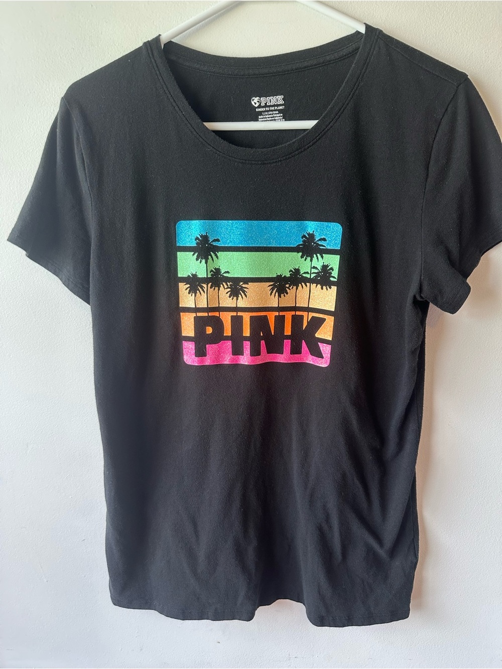 VS Pink Black Rainbow Palm Tropical Glitter Logo Top L